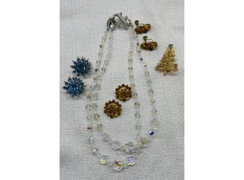 Antique Jewelry: Necklace, (3) Beaded Earrings, Plus Christmas Tree Brooch