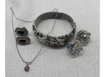 Silver Color Jewelry Collection: Necklace, Bracelet, And (2) Earrings