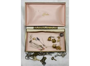 Collection Of Various Jewelry Items And Antique Keys: Straight Pins, Mismatched Earrings, Pins And More