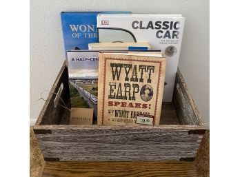 (5) Books In Brand New Farmhouse Style Box. Books Include Classic Car And Wyatt Earp Speaks