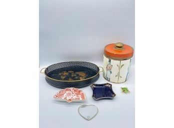 Biscuit Jar, Japanese Tray, And Trinkets