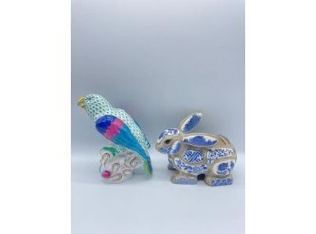 Small Rabbit And Parrot Statues'Rabbit- Nancy Lopez Parrot- Herend HVN Gary'
