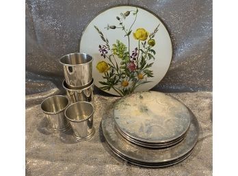 Silver Plate Collection Of (6) Serving Hot Plates. Two Cups Have Engraving