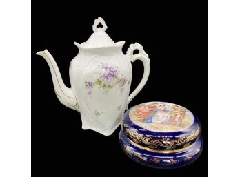 Hand Painted Porcelain Teapot & Blue Container'Teapot Stands 9.5 Inches Container 6 Inches Diameter'