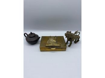 (3) Antique Chinese Tea Pot, Brass Figurine, & Box