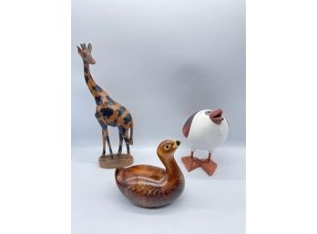 Vintage Variety Of Animal Figurines - Small'Duck- David R. Jackson  Bird- Unknown  Giraffe- Unknown'