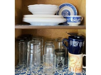 Cabinet Full Of Dishes: Blue And White Plates, Various Drinking Glasses And More