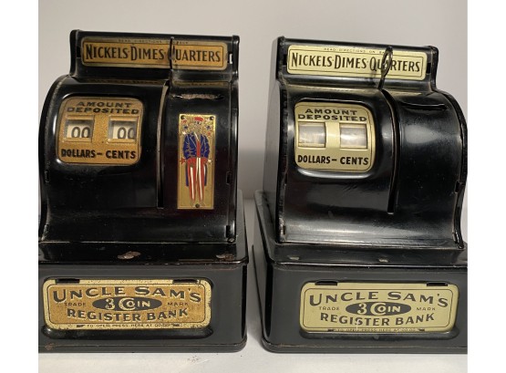 2 Vintage Uncle Sam's 3 Coin Register Bank Nickels Dimes Quarters Metal Black