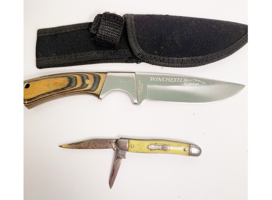 Winchester Hunting Knife And Colonial Pearl Handled Jacknife  And Solinger Bear Hunter Knife