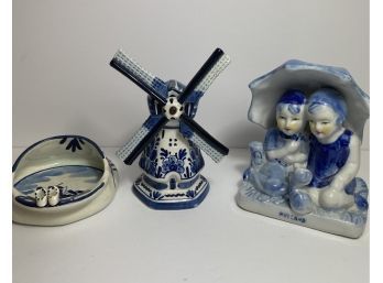 Handpainted DELFT Blue And White Ceramic Collectibles Windmill And Cap Candy Dish Also Holland Child Figurine
