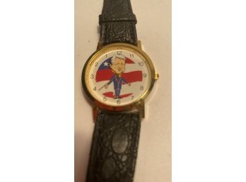 Collectible President Bill Clinton Wristwatch With Black Leather Strap