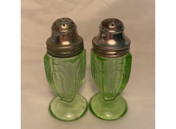 Antique Green Depression Uranium Glass Salt & Pepper Shakers With Meatal Caps