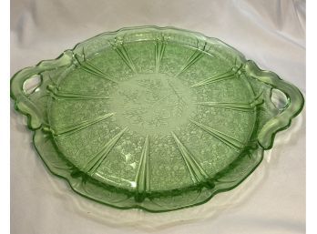 Jeannette Cherry Blossom Pattern Green Depression Glass Round Tray Or Plate, 1930s Vintage