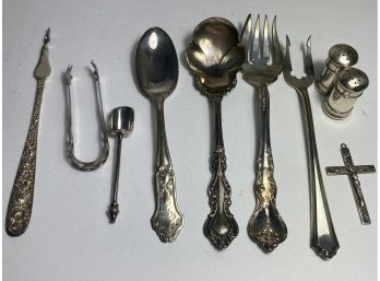 9 Piece Various Sterling Silverware And 1 Sterling Cross