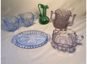 Vintage Cut Glass - Blue Glass, Green Glass, Lilac Glass - Candy Dishes, Pitcher, Vase, Cream & Sugar