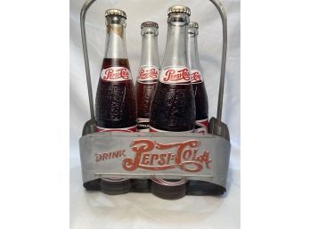Vintage 1950's Six-pack Pepsi Cola Bottles With Metal Carry Case By Union Product