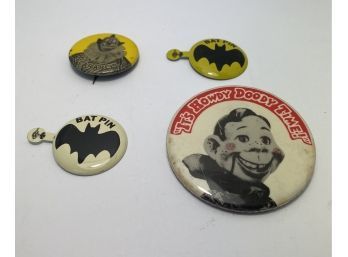 Vintage Collector Howdy Doody, Clarabelle, 2 Batman Pins