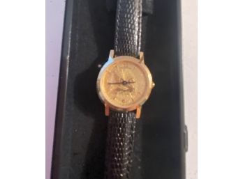 Vintage 1990s Longines Wittnauer Gold Tone Pegasus Dial Quartz Dress Wristwatch Gold Plated Blk Leather Strap