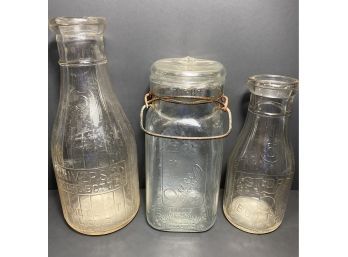 3 Vintage Bottles- 2 Universal Glass Milk Bottles 1 - Queen Canning Jar Bottle
