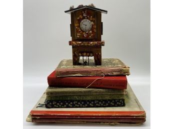 Collection Of (8) Antique Books, Plus Small Hand Painted Clock