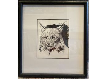Unique Black Ink Sketch Of Bobcat, Signed By Artist