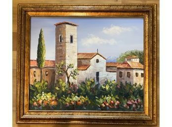 Acrylic On Canvas, Tuscan Village With Spring Flowers. Signed By Artist