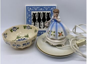Kitchen Collectibles: Art Tile, Darling Porcelain Accent Lamp And More.