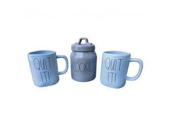 Baby Blue Pair Of Rae Dunn Mugs, Plus A Very Adorable Small Grey Cookie Jar