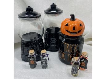 (3) Darling Halloween Theme Cookie Jars And (4) Mini Potion Bottles, All Brand New