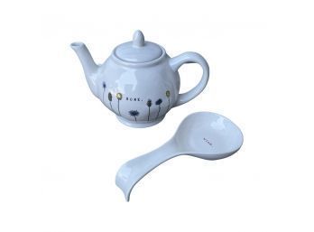 Lovely Ceramic Teapot With Home Stamp And Flower Designs And Spoon Holder By Rae Dunn