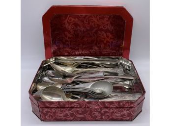 Red Tin Container With Collection Of Silver Plate Flatware, Antique Measuring Spoons And More