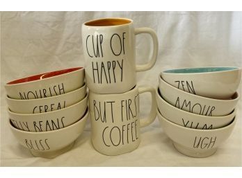 Large Collection Of Rae Dunn Bowls, Plus (2) Adorable Mugs
