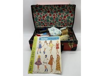 Red Box With Antique Doll And Doll Clothes Inside, Plus Sewing Pattern