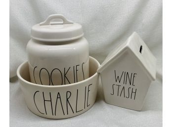 Rae Dunn: Dog Bowl, Cookie Jar, And Wine Stash Piggy Bank