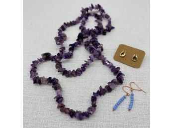 (2) Pairs Of Earrings, Plus Purple Rock Beaded Necklace