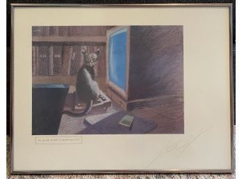 Signed JEFF LEEDY Art Piece, Cat Pencil Sketch, Print, 24 X 18 Inches