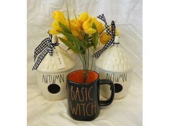 Rae Dunn Autumn Essentials: (2) Bird Houses And Mug With Yellow Faux Flowers