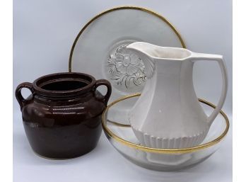 Matching Plate And Bowl With Gold Color Trim, Plus Ceramic Pot And Pitcher