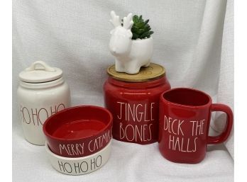 Rae Dunn Christmas Collectibles, Including (2) Cat Bowls And Treat Jar
