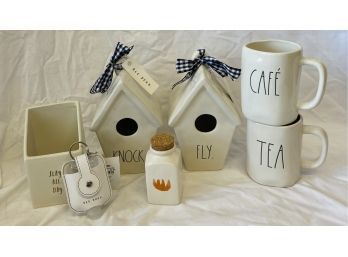 Rae Dunn Collectibles! Two Bird Houses, Two Mugs, Hand Sanitizer, And Pencil Holder