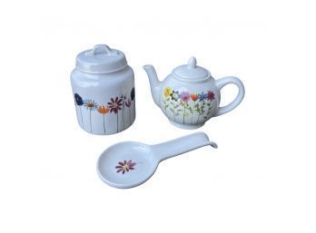 Beautiful Floral Designed Ceramic Tea Pot, Spoon Holder, And  Jar By Rae Dunn!