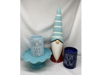 Adorable Gnome Table Statue, Plus Cake Stand And (2) Rae Dunn Candles