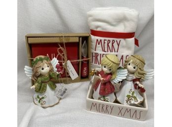 Rae Dunn Cheese Plates, Dish Towels, And (3) Precious Moments Ornaments With Original Tags