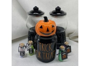 Halloween Collectibles: Three Cookie Jars And Four Mini Potion Bottles