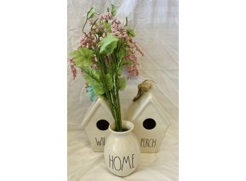 (2) Rae Dunn Ceramic Bird Houses, Plus Vase With Faux Flowers