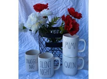 (4) Rae Dunn Coffee Mugs, Magnolia Home Basket, And Lovely Faux Flowers
