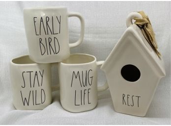 (3) Rae Dunn Mugs And A Decorative Bird House