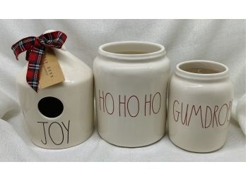 (3) Rae Dunn Christmas Collectibles, Including Two Jars And A Bird House
