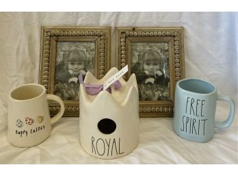 Rae Dunn Coffee Mugs, Bird House With Original Tag, And Two 5 X 7 Frames