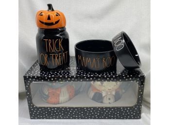 Halloween Collection! Rae Dunn Cookie Jar And Pet Bowls, Plus Unopened Mugs